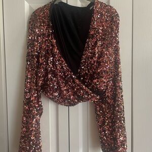 Lulu's Sequin Wrap Top in Black and Red